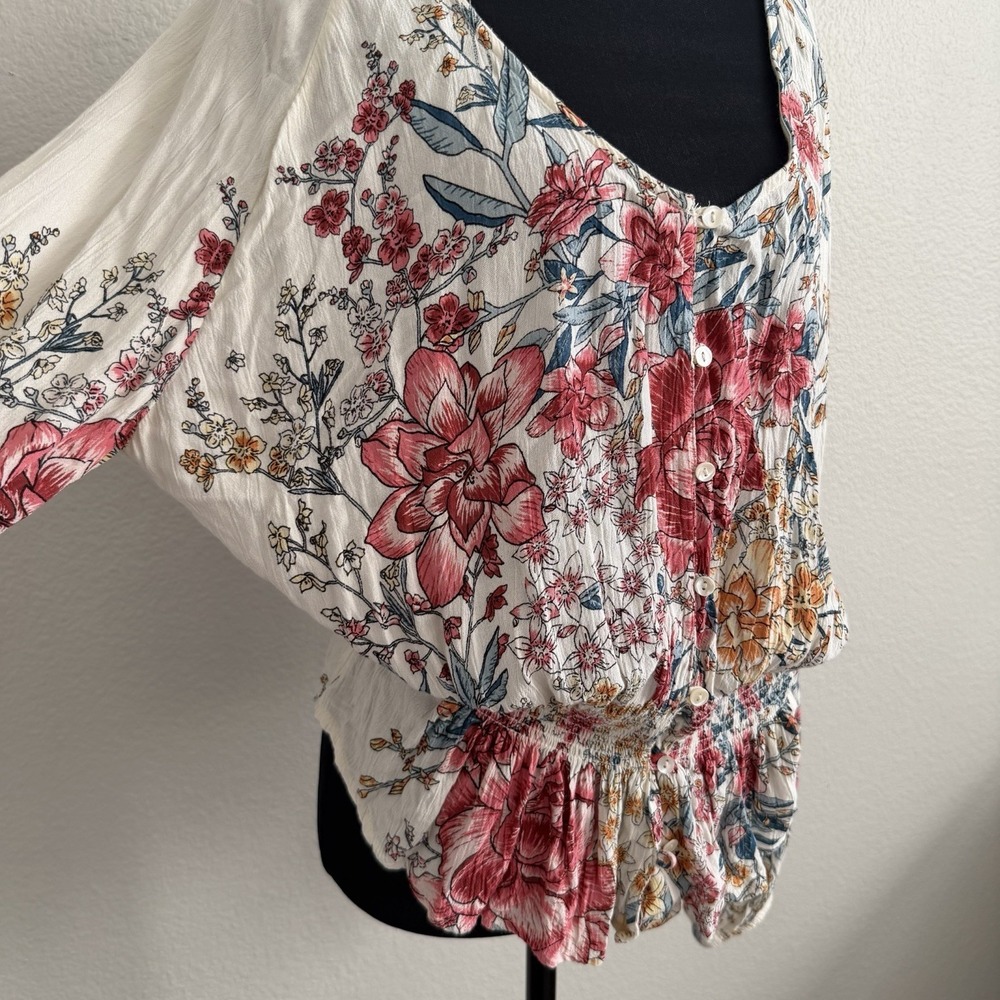 Billabong Women's Small Top Blouse Gauzy Boho Peplum Puff Sleeve Cottagecore - Picture 7 of 11